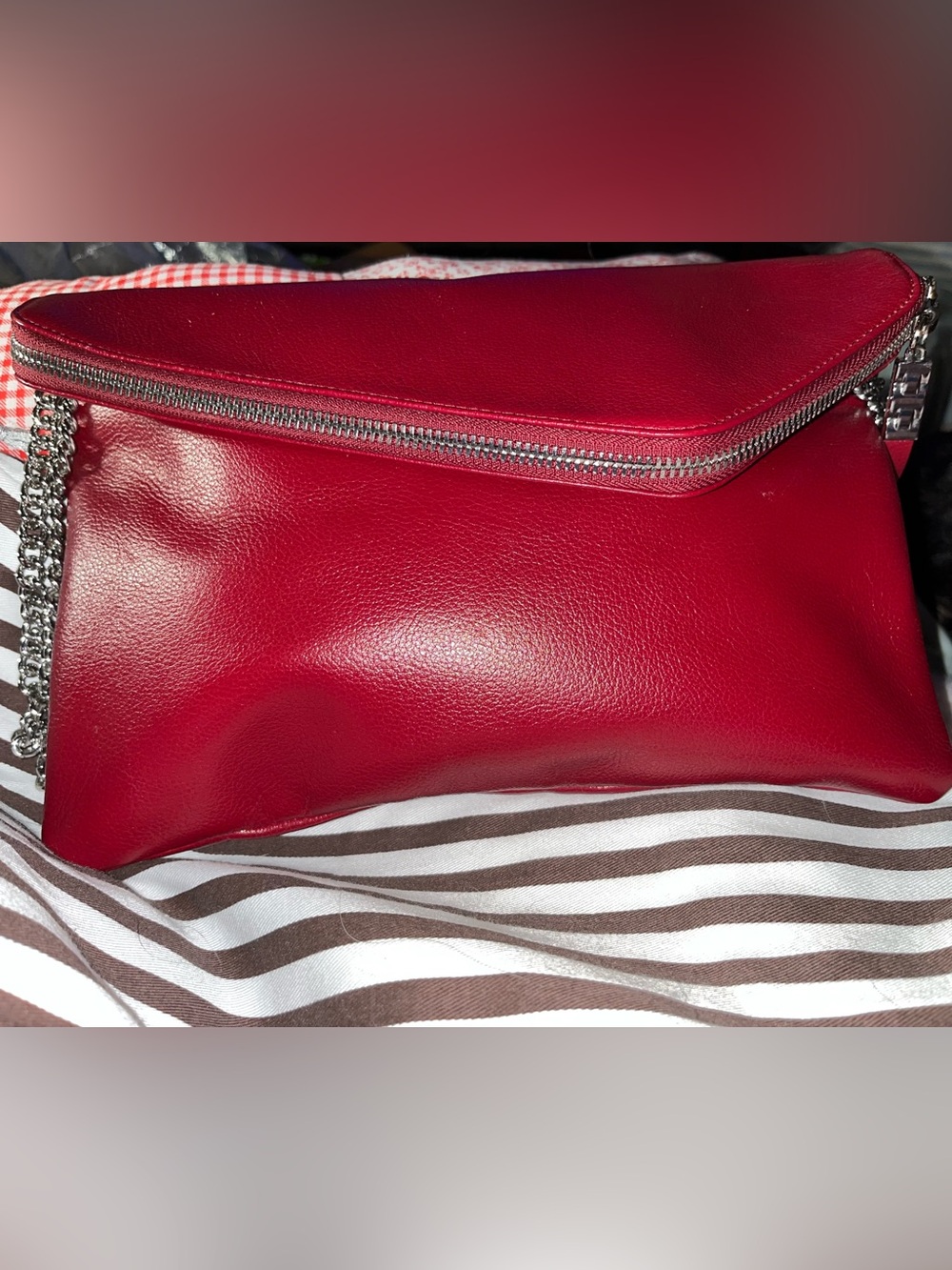 Henri Bendel EUC Red Leather Fold-Over Bag with Chain Strap